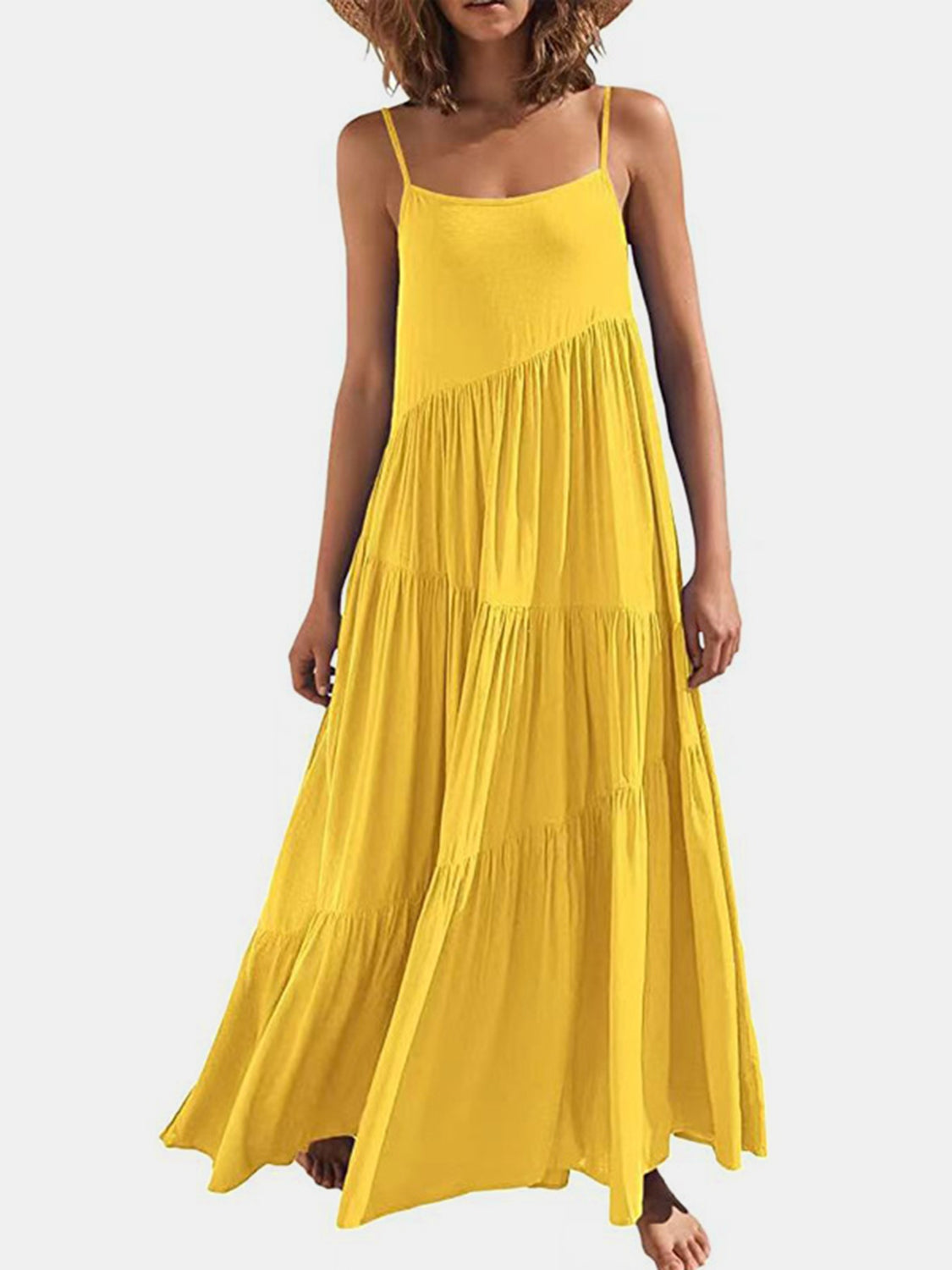 Full Size Ruched Tiered Spaghetti Strap Dress - store name